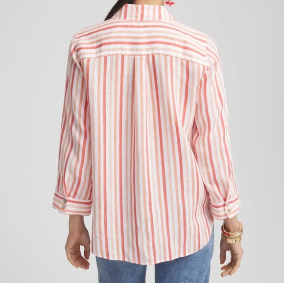 Chico's Coral and White Striped Button Down Shirt - Picture 3 of 11